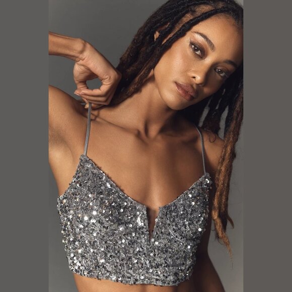 NEW Sizes M, XL The Eve Sequin Longline Bralette - Silver by Anthropologie - Picture 3 of 5